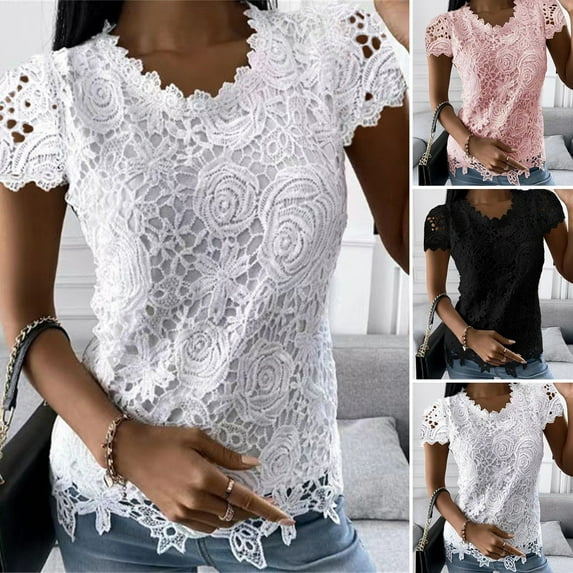 ZenCart Women Tops O-neck Short Sleeve Solid Color Tee Shirt with Lace Splicing Solid Color Regular Fit Casual Blouse