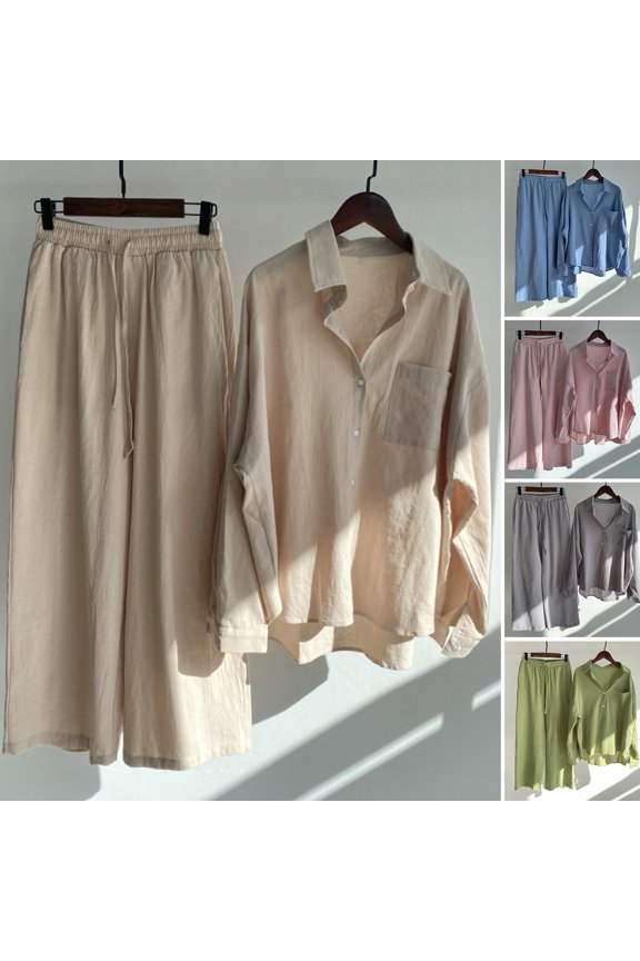 Women Two Piece Shirt Set Button Down Long Sleeve Shirt Wide Leg Pants Set Casual Cotton Lounge Outfit Suit for Spring Summer
