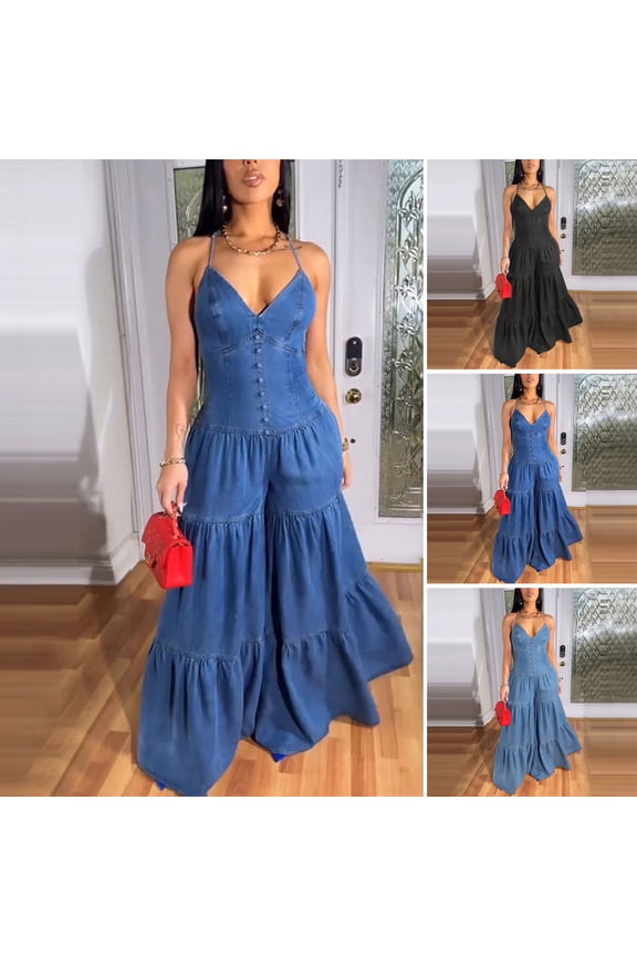Women's Casual Loose Overalls Jumpsuits One Piece Sleeveless Flowy Pant Rompers Summer Sexy Halter Backless Wide Leg Jumpsuit