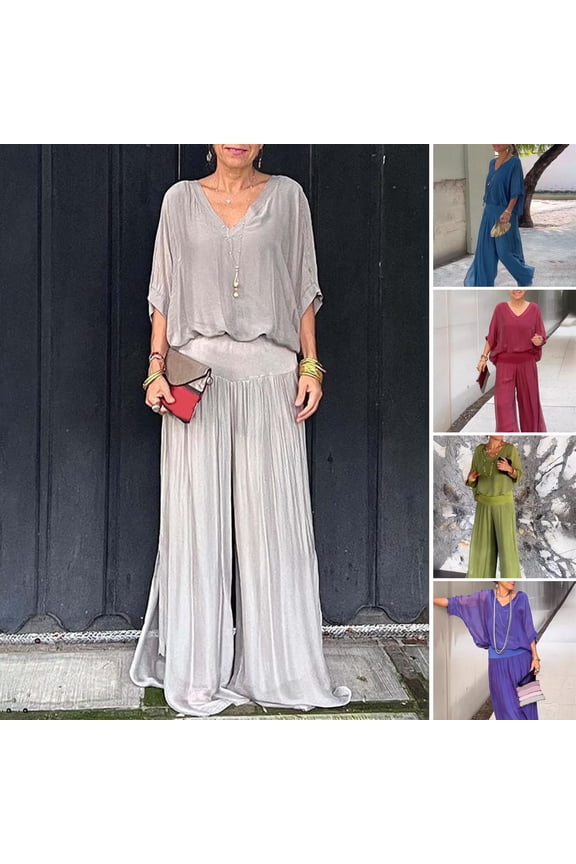 Women's Casual Two Piece Chiffon Outfit Summer V-neck Short Sleeve Top Wide Leg Pants Set Loose Loungewear Suit
