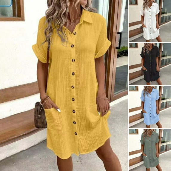 ZenCart Women's Cotton Linen Dress Casual Button Down V-neck Dress with Pockets Summer Short Sleeve Beach Sundress