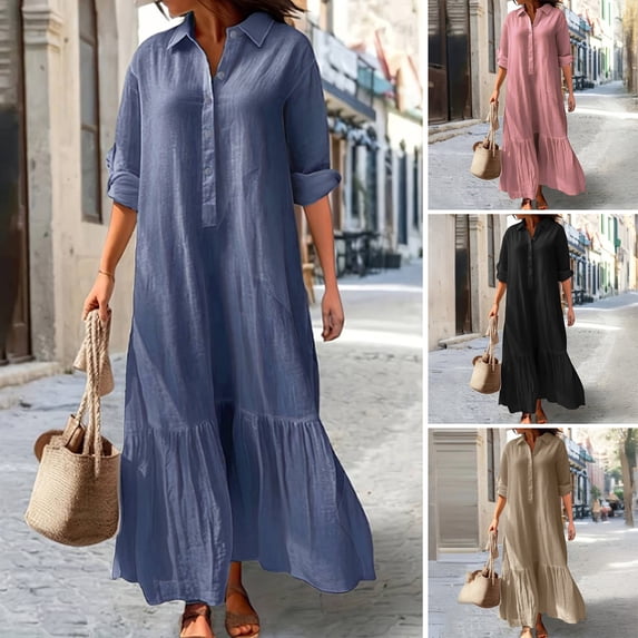 ZenCart Women's Cotton Linen Shirt Dress Long Sleeve V Neck Button Up Maxi Dress Casual Plus Size Flowy Long Dress