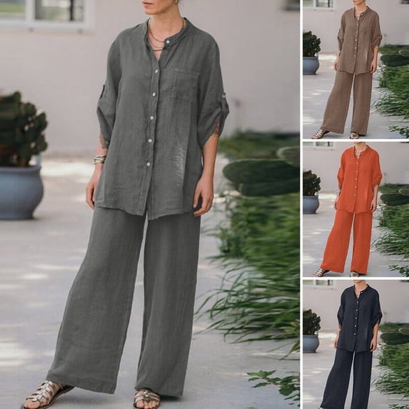 ZenCart Women's Cotton Linen Two Piece Set Half Sleeve Button Down Shirt Wide Leg Pants Set Casual Tracksuit for Spring Summer Autumn