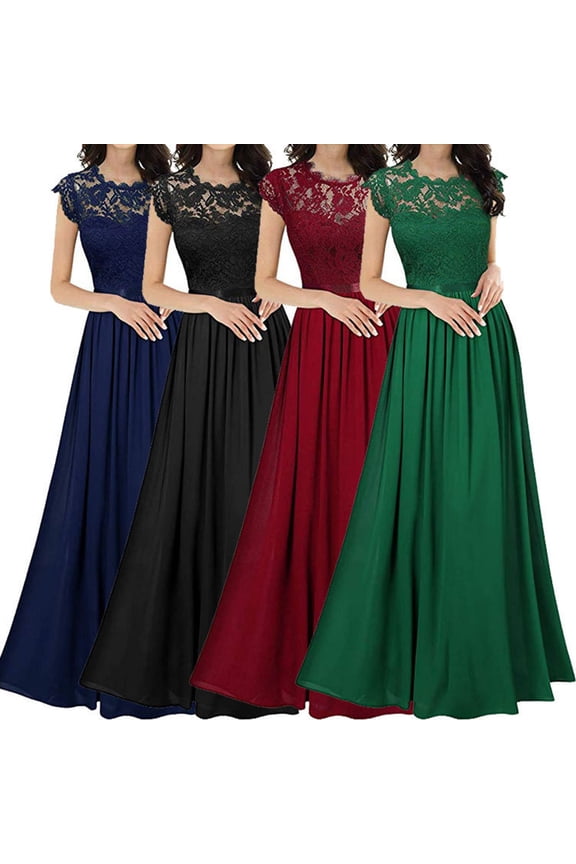 Women's Lace Maxi Dress Crew Neck Pleated Swing A-line Dress Mother of The Bride Long Dress for Wedding Party
