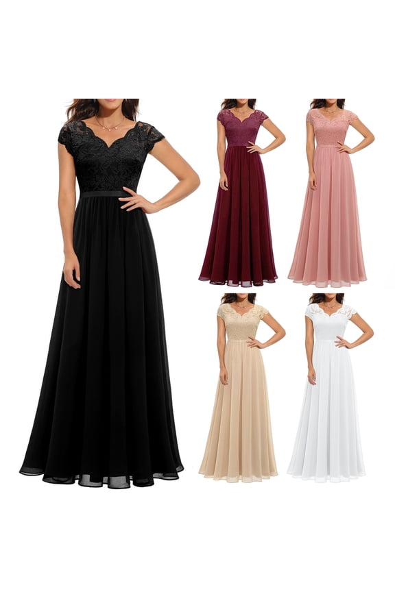 Women's Lace V-Neck Evening Dress Long A-Line Chiffon Bridesmaid Dress Mother of The Bride Wedding Guest Maxi Dress for Party Prom