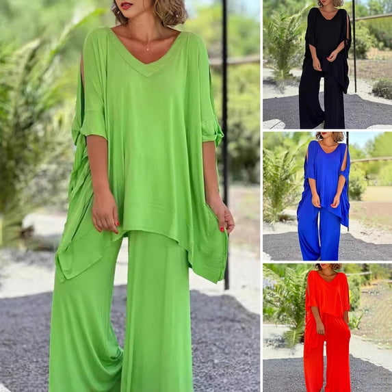 ZenCart Women's Loose Boho Two Piece Set Casual Pullover Short Sleeve Top Wide Leg Pants Set Oversized Summer Outfits