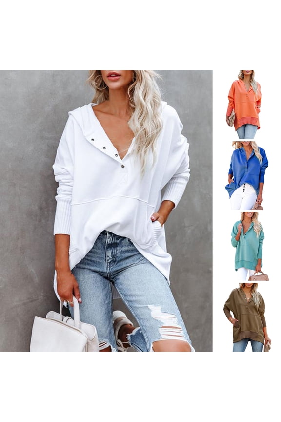 Women's Oversized Hoodie Sweatshirt Button Up V Neck Long Sleeve Pullover Top with Pockets for Spring Fall Winter