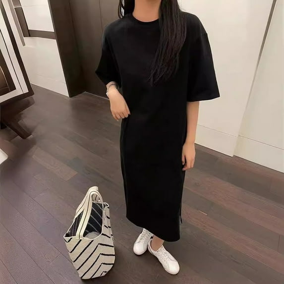 ZenCart Women's Short Sleeve Midi Dress Summer Casual Round Neck Shirt Dress Loose Beach Shift Split Long Dress