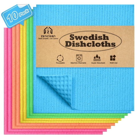 ZenClean 10 Pcs Swedish Dishcloths for kitchen, Reusable Cellulose Sponge Cloths, Multi-color