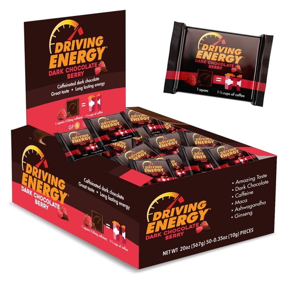 ZenEvo Driving Energy Dark Chocolate Berry - 50 ct. box - 150mg of Caffeine and Maca, Ginseng and Ashwagandha
