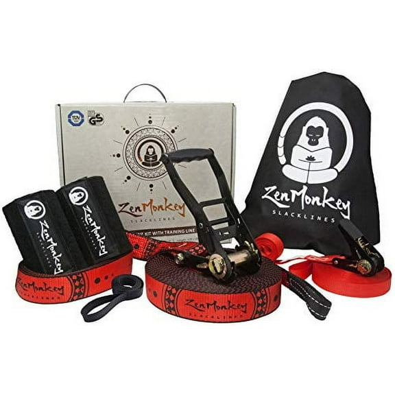 ZenMonkey 60ft Slackline Kit with Overhead Training Line and Arm Trainer