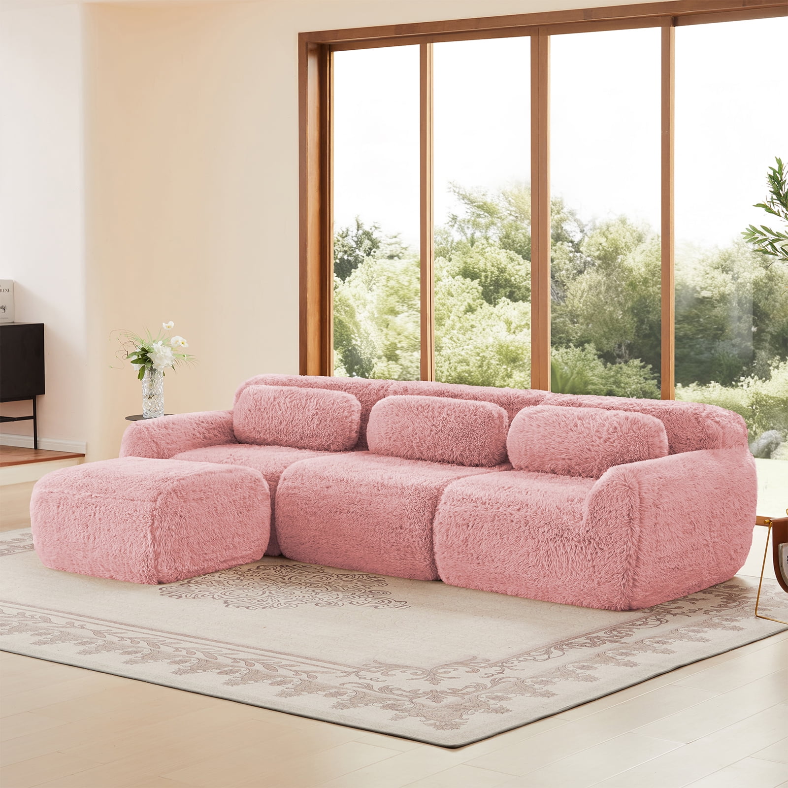 ZenNook 115" Sectional Couches for Living Room, Comfy Boneless Couch, 3 Seater Cloud Sofa, Compressed L Shaped Couch with Ottoman, Modern Modular Sectional, Plush Floor Sofa, No Assembly (Pink)