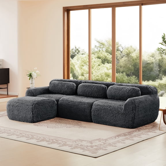 ZenNook 115" Sectional Couches for Living Room, Comfy Boneless Couch, 3 Seater Cloud Sofa, Compressed L Shaped Couch with Ottoman, Modern Modular Sectional, Plush Floor Sofa, No Assembly (Grey)