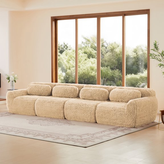 ZenNook 149" Sectional Couches for Living Room, Comfy Boneless Couch, 4 Seater Cloud Sofa, Compressed Couch with Deep Seat, Modern Modular Sectional, Plush Floor Sofa, No Assembly (Camel)