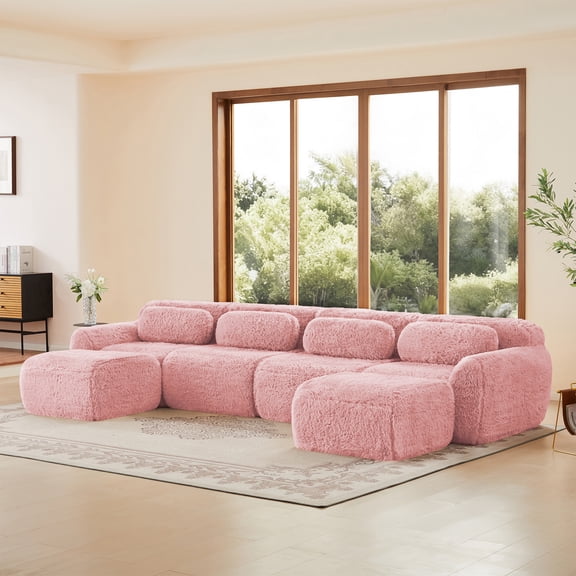 ZenNook 149" Sectional Couches for Living Room, Comfy Boneless Couch, 4 Seater Cloud Sofa, Compressed U Shaped Couch with 2 Ottomans, Modern Modular Sectional, Plush Floor Sofa, No Assembly (Pink)