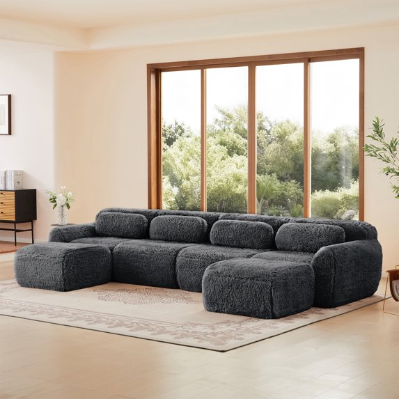 ZenNook 149" Sectional Couches for Living Room, Comfy Boneless Couch, 4 Seater Cloud Sofa, Compressed U Shaped Couch with 2 Ottomans, Modern Modular Sectional, Plush Floor Sofa, No Assembly (Grey)