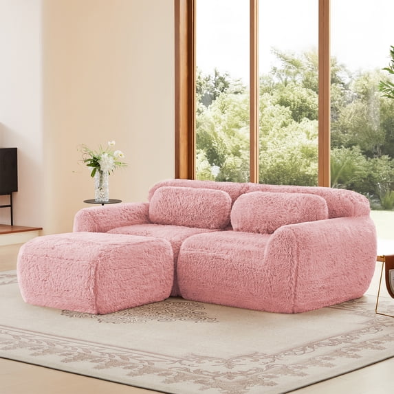 ZenNook 80" Sectional Couches for Living Room, Comfy Boneless Couch, 2 Seater Cloud Sofa, Compressed Loveseat with Ottoman, Modern Love Seat in a Box, Fluffy Plush Floor Couch, No Assembly (Pink)