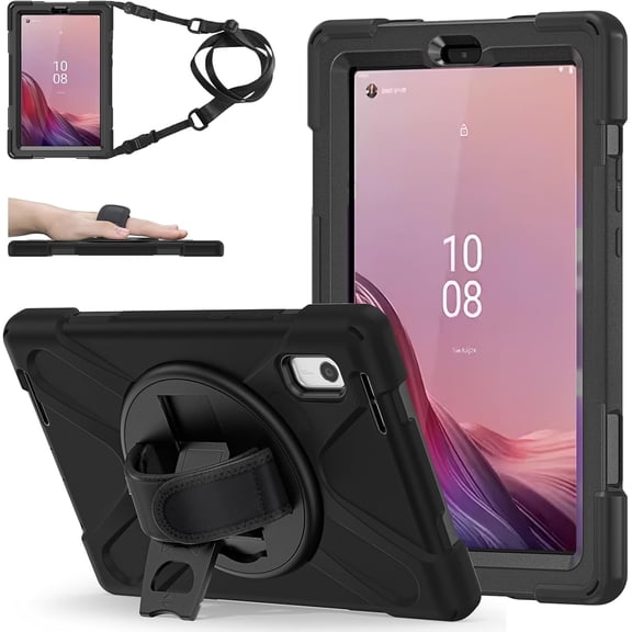 ZenRich Carrying Case for Lenovo Tab M9 2023 9.0''(TB-310FU/ TB-310FX), Heavy Duty Rugged Full-Body Protective Case with 360 Rotating Stand/Hand Strap/Shoulder Belt for Lenovo Tab M9 9 inch,Black