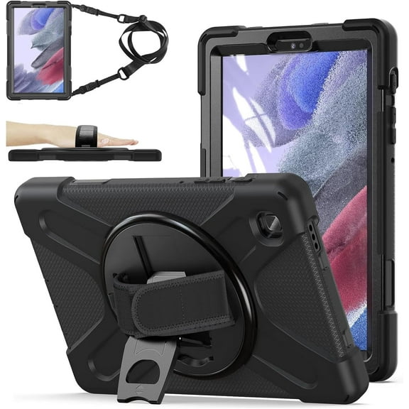 ZenRich Carrying Case for Samsung Galaxy Tab A7 Lite 2021 8.7'' SM-T220/T225/T227, Heavy Duty Rugged Full-Body Protective Case with [360 Rotating Stand] [Hand Strap][Shoulder Belt], Black