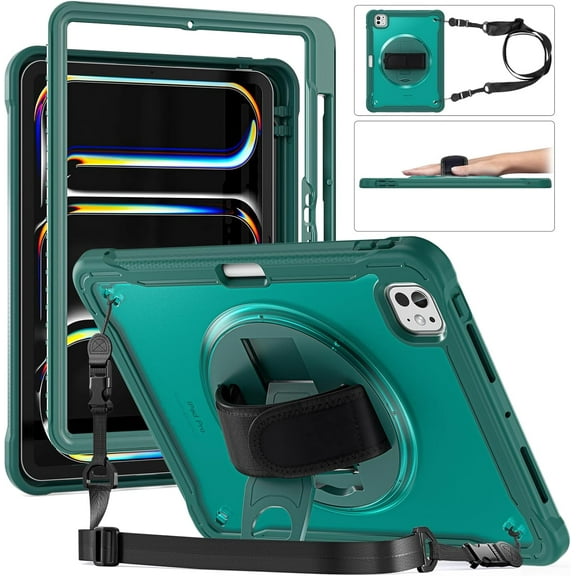 ZenRich Clear Case for iPad Pro 11 (M4) 2024, Shockproof Slim Hard Case with Screen Protector/Pencil Holder/360°Rotating Kickstand/Handle/Carrying Strap for A2836/A2837/A3006, Green