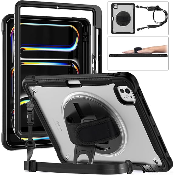 ZenRich Clear Case for iPad Pro 11 (M4) 2024, Shockproof Slim Hard Case with Screen Protector/Pencil Holder/360°Rotating Kickstand/Handle/Carrying Strap for A2836/A2837/A3006, Clear