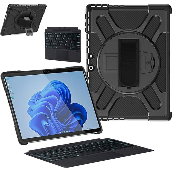 ZenRich Rugged Case with Keyboard for Surface Pro 9/10/11,Bluetooth Keyboard Case for Microsoft Surface Pro 11/10/9 with 360° Rotating Hand Strap & Stand
