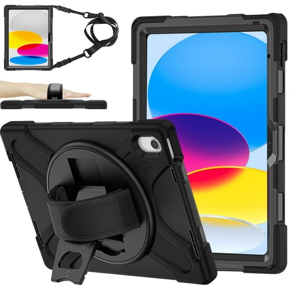 ZenRich Shockproof Case for iPad 11th (A16)/iPad 10th Generation 10.9 inch 2025/2022, Heavy Duty Rugged Case with Pencil Holder/360° Rotating Kickstand/Handle/Carrying Strap, Black
