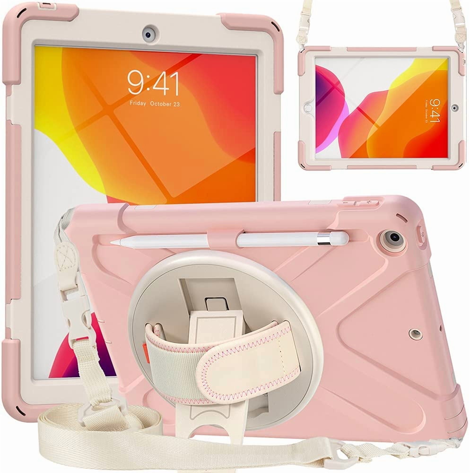 ZenRich Shockproof Case for iPad 9th/8th/7th Generation 10.2 inch 2021/2020/2019, Heavy Duty Rugged Case with Pencil Holder/360° Rotating Kickstand/Handle/Carrying Strap, Pink