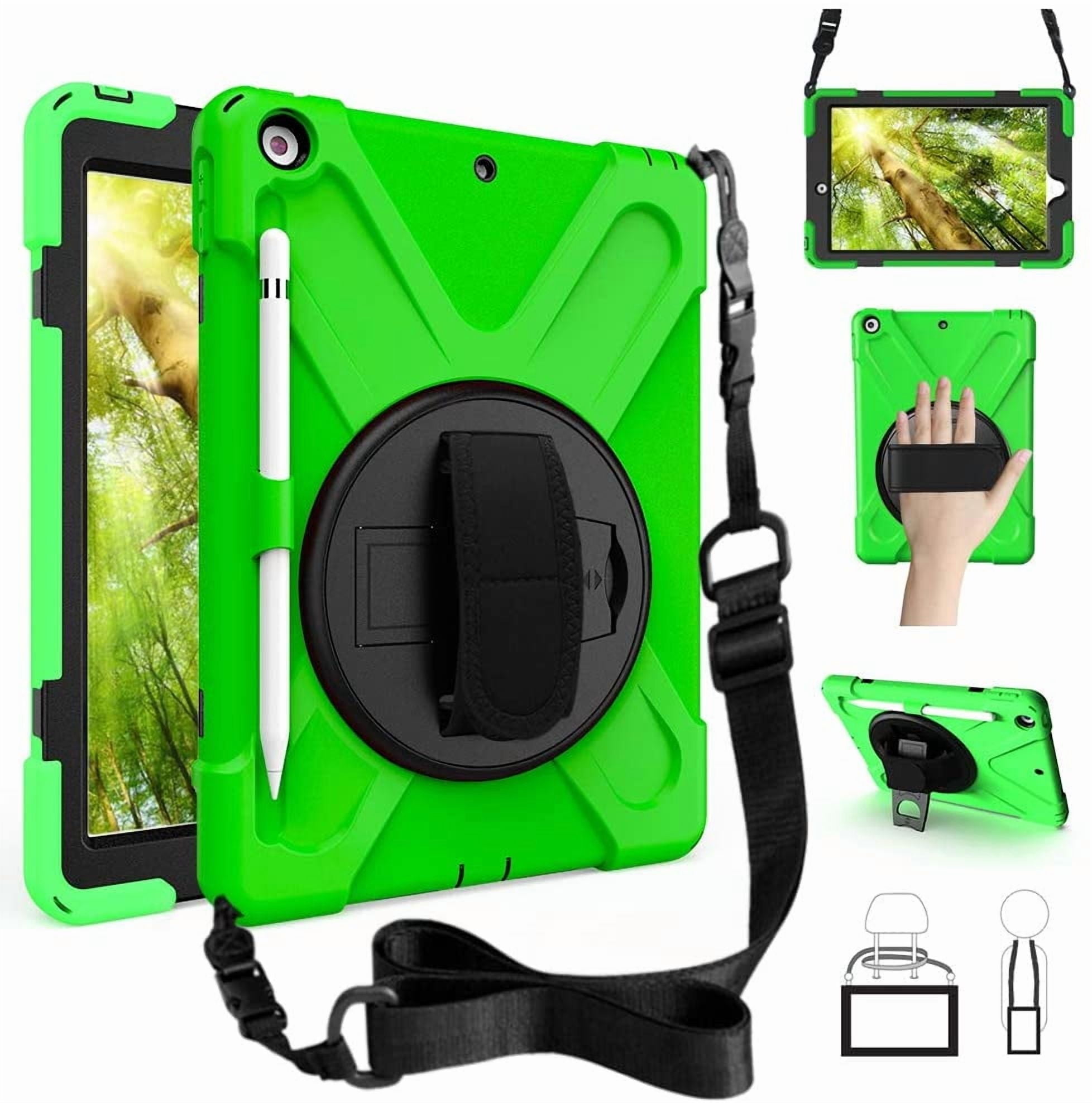 ZenRich Shockproof Case for iPad 9th/8th/7th Generation 10.2 inch 2021/2020/2019, Heavy Duty Rugged Case with Pencil Holder/360° Rotating Kickstand/Handle/Carrying Strap, Green