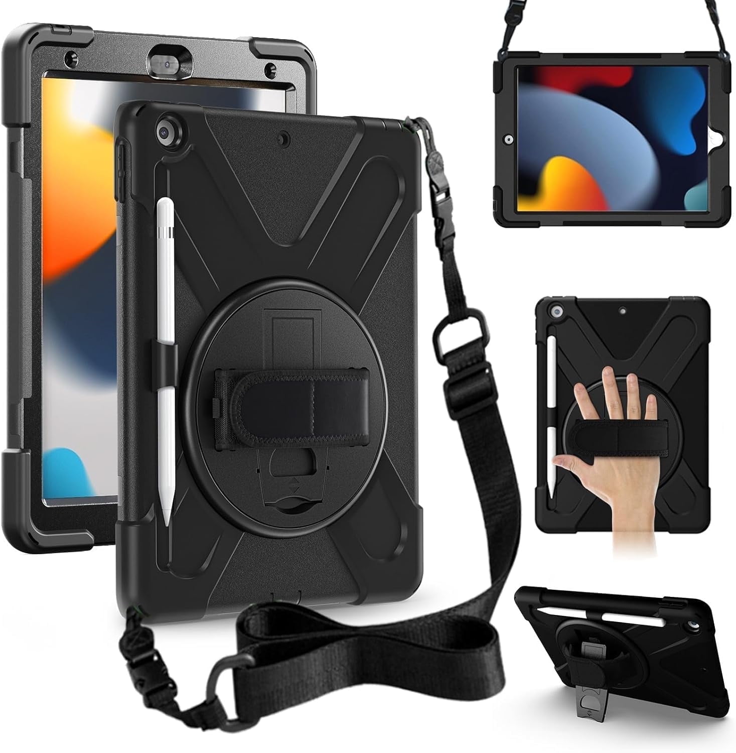 ZenRich Shockproof Case for iPad 9th/8th/7th Generation 10.2 inch 2021/2020/2019, Heavy Duty Rugged with Pencil Holder/360° Rotating Kickstand/Handle/Carrying Strap, Black