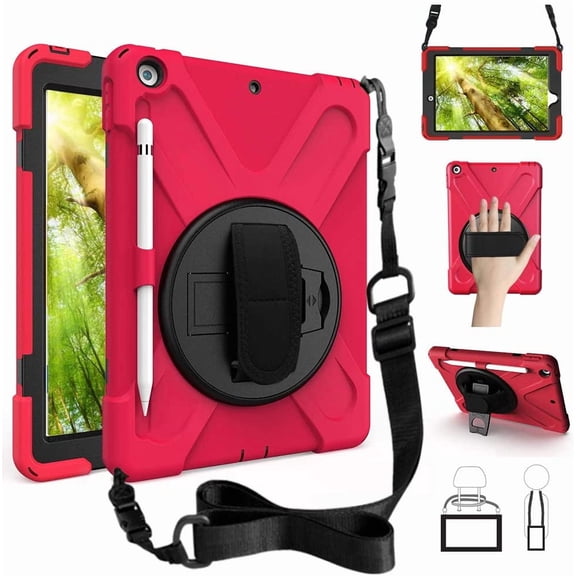 ZenRich Shockproof Case for iPad 9th/8th/7th Generation 10.2 inch 2021/2020/2019, Heavy Duty Rugged Case with Pencil Holder/360° Rotating Kickstand/Handle/Carrying Strap, Red