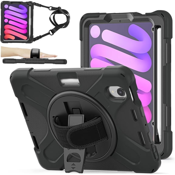ZenRich Shockproof Case for iPad mini 7 (A17 Pro) 2024/ iPad mini 6th 2022, Heavy Duty Rugged Case with Pencil Holder/360°Rotating Kickstand/Handle/Carrying Shoulder Belt,Black