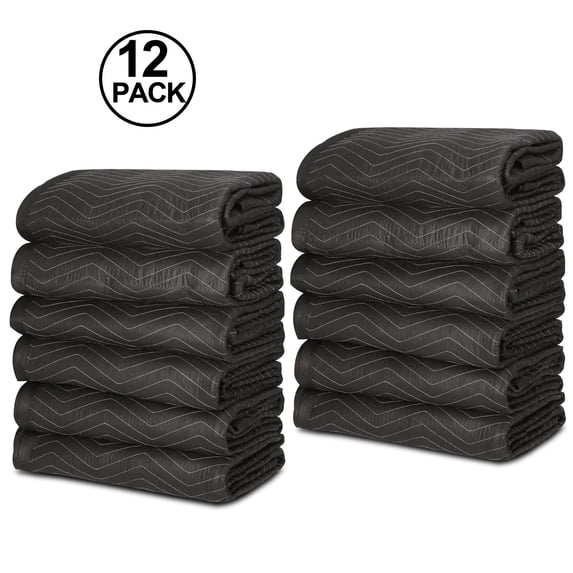 ZenSports 12 Pack Heavy Duty Padded Moving Packing Blankets 80'' x 72'' (65 lb/Dz) Furniture Pads Black
