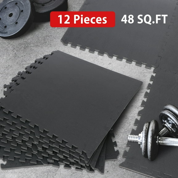 ZenSports 12 Tiles Puzzle Exercise Floor Mat, 1/2'' Interlocking Foam Gym Mat Cushioned Workout Flooring 48 Sqft Black