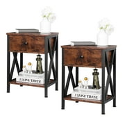 ZenSports 2 Pack Wood Grain End Table Retro Industry Side Table W/ Drawer, Rustic Brown