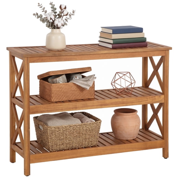 ZenSports 3-Tier 48-in Wooden Console Table Outdoor Patio Side Table Weather-Resistant Versatile Buffet Bar Storage Organizer, Natural
