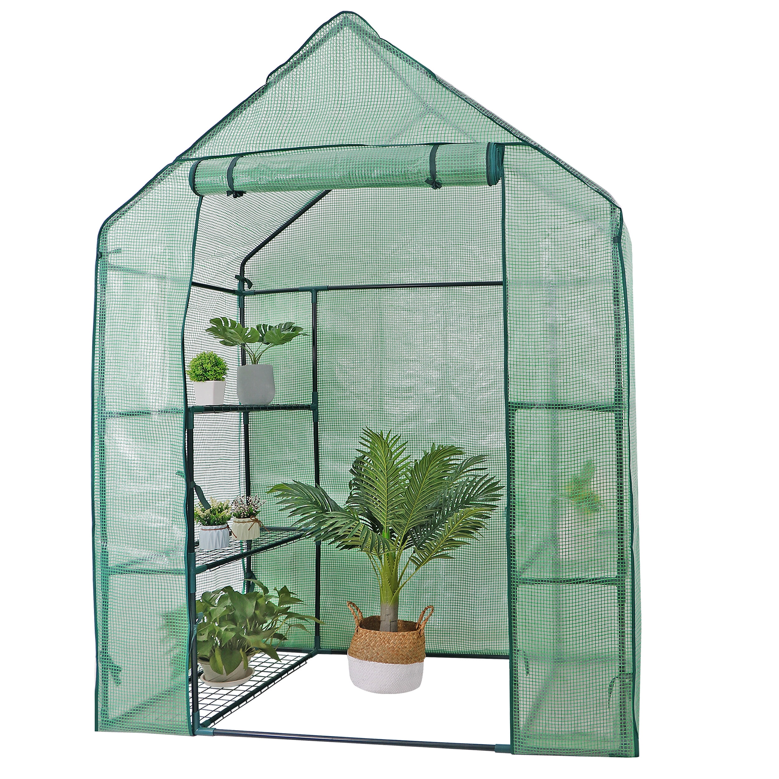 ZenSports 3-Tiers 6-Shelves Mini Walk-in Greenhouse, Indoor Outdoor Plant Gardening Canopy W/Roll-up Zipper Entry Door, 56" x 28.4"x 75.6", Green