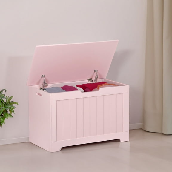 ZenSports 30'' Wooden Kid Toy Box, Large Storage Chest Organizer W/ Safety Hinged Lid, Pink