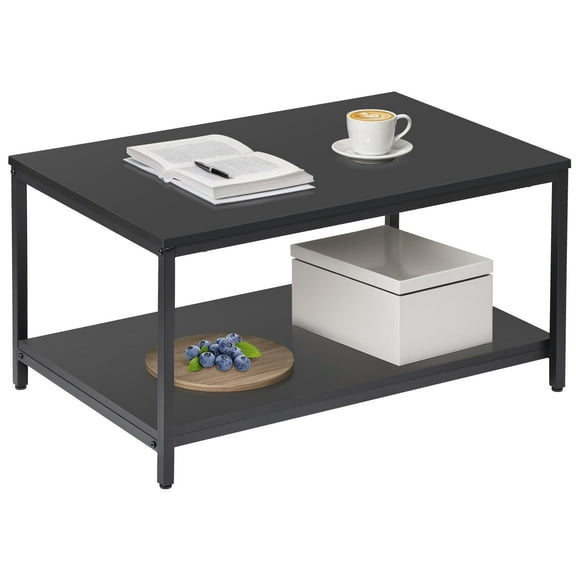 ZenSports 31.5"L Rectangle 2-Tier Coffee Table Wood Cocktail Table Metal Frame W/Storage Shelf,Black for Apartment Home Office