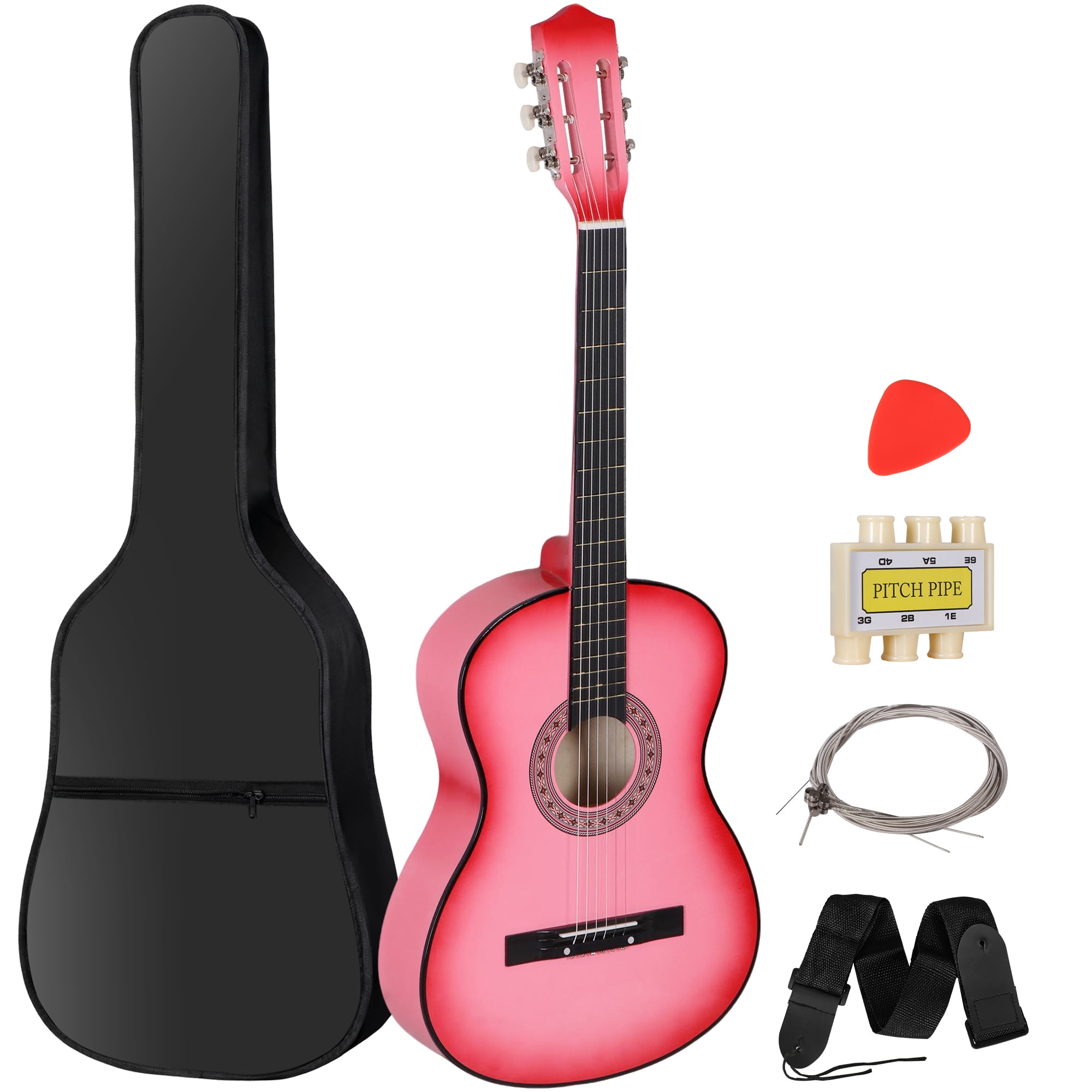 ZenSports 38-in Kids Beginner Acoustic Guitar Starter Kit 6 Strings W/Case, Strap, Tuner, Pick -Pink