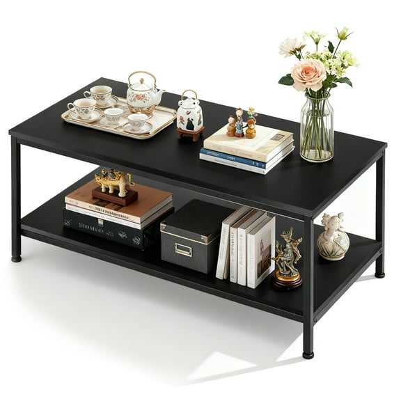 ZenSports 39.4"L Rectangle 2-Tier Coffee Table Wood Cocktail Table Metal Frame W/Storage Shelf,Black for Apartment Home Office