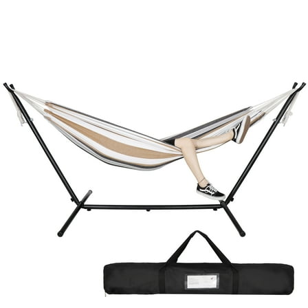 ZenSports 450lbs Portable 9FT Brazilian Double Hammock Stand for 2-Person W/Carry Bag, Tan Stripes
