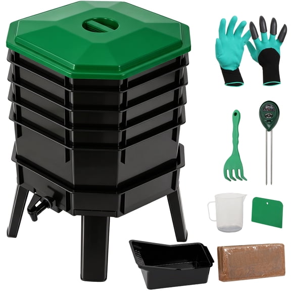 ZenSports 5-Tray Worm Bin Kit, Odor-Free PP Worm Compost Bin Indoor/Outdoor Vermicompost Bin with Soil Meterr, Coco Coir, Gardening Tools (72.5 Liters)