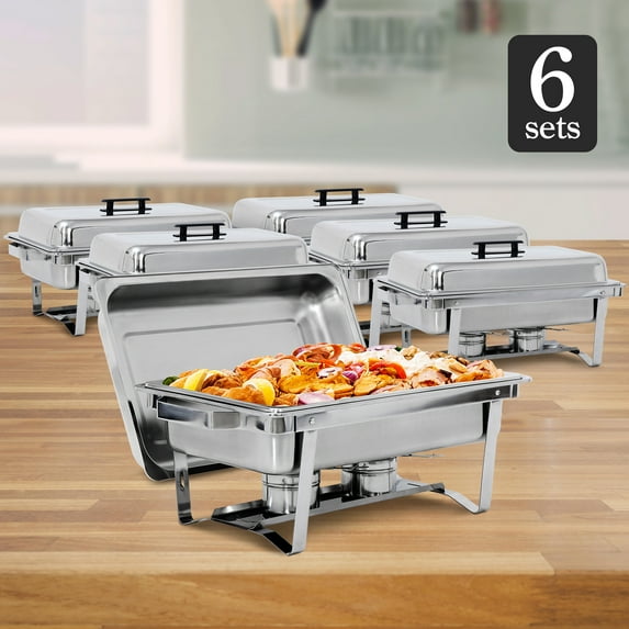 ZenSports 6 Pack Foldable 8QT Chafing Dish Stainless Steel Full-Size Buffet Warmer Sets, Silver