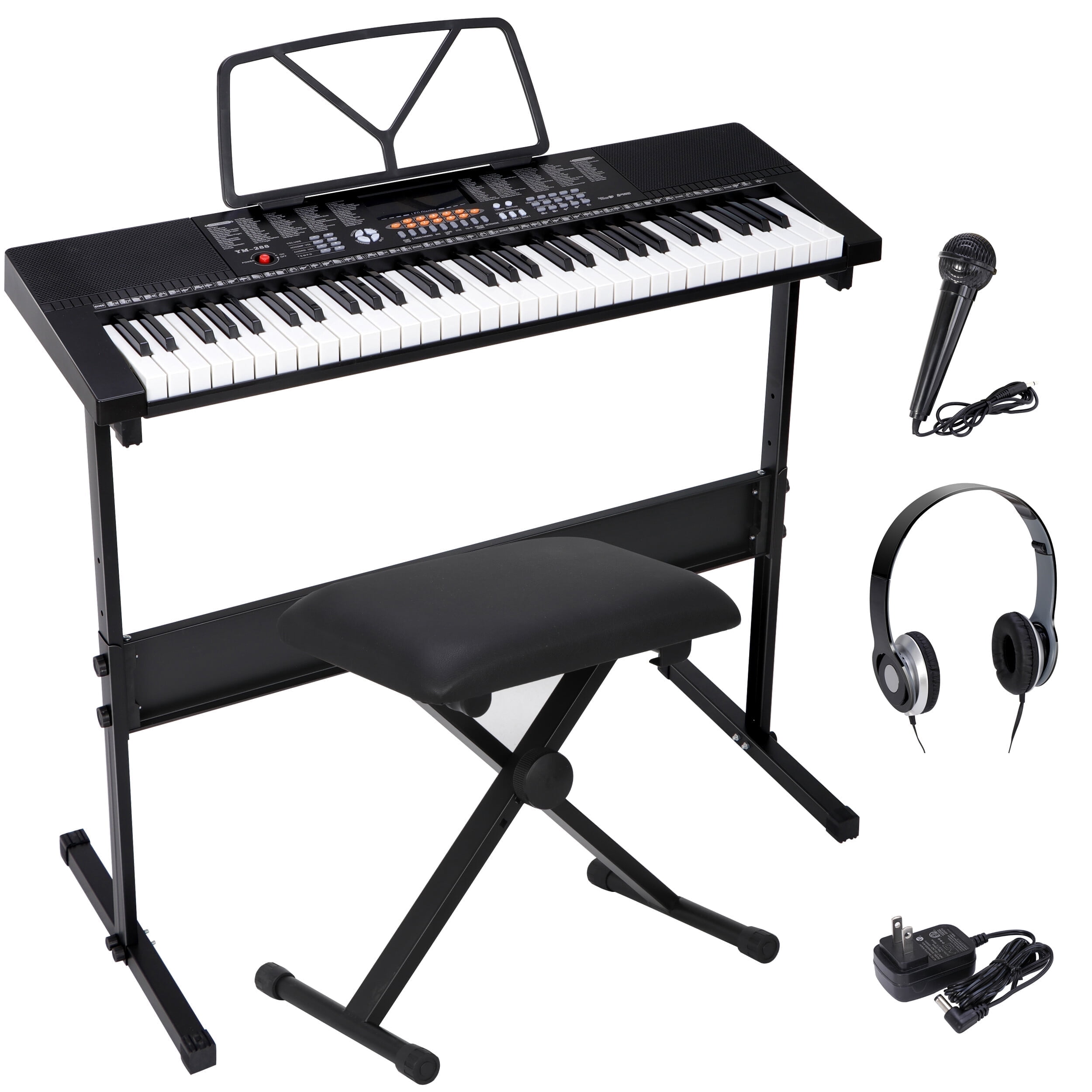 ZenSports 61-Key Portable Electronic Keyboard Piano Set Height Adjustable W/LED Screen, Stand, Stool, Microphone, White