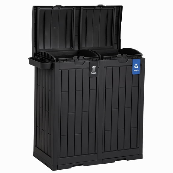 ZenSports 76Gal Dual Outdoor Trash Can W/Lid & Drip Tray, Weatherproof PP Patio Garbage Bin W/Wet, Dry Sorting Tags & 3 Ground Anchors & Ashtray, Black