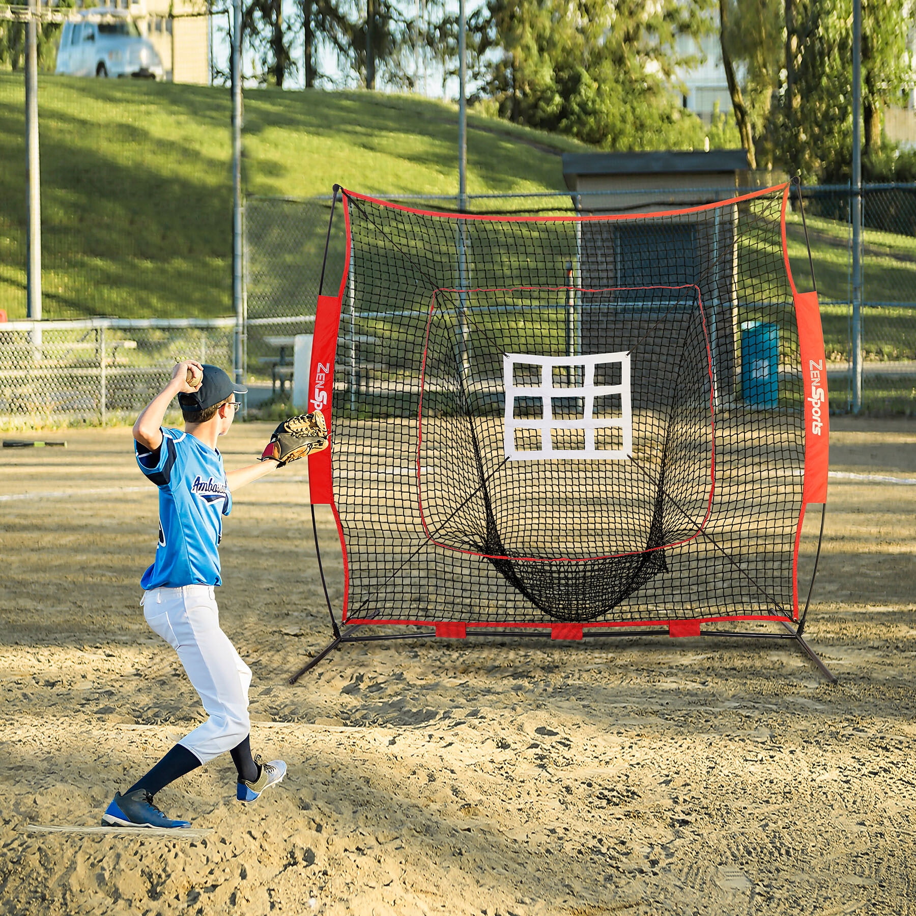 ZenSports 7x7FT Baseball Softball Practice Net Portable Pitching Net W/White Strike Zone Target