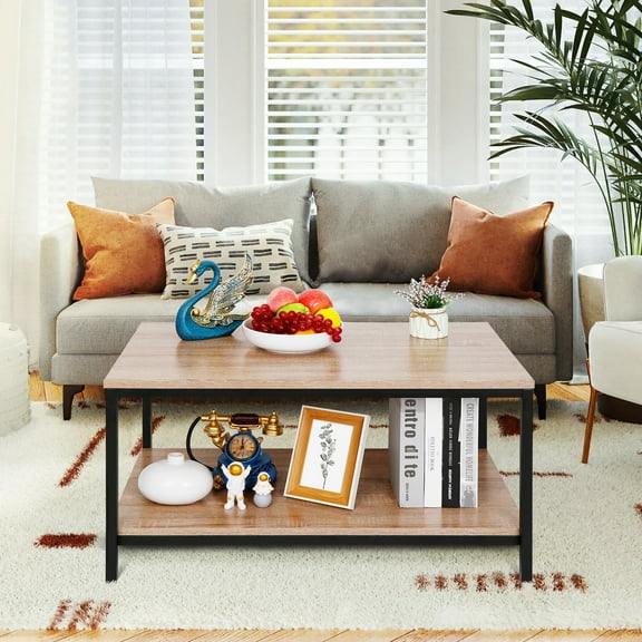 ZenSports Rectangle MDF Coffee Table W/Storage Shelf, Metal Cocktail Table, Natural