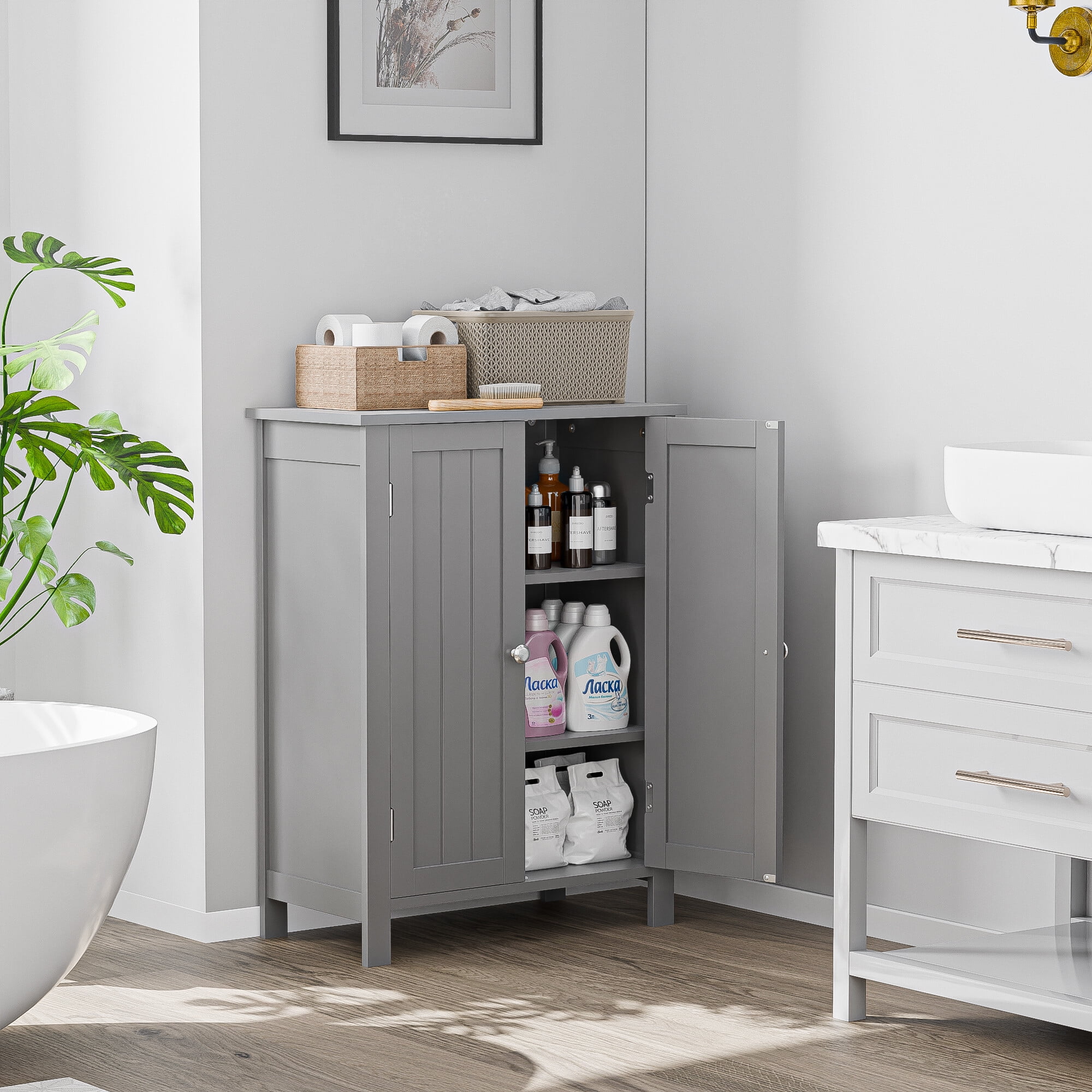ZenSports Wooden Bathroom Cabinet 2-Doors Floor Storage Cabinet Adjustable Shelves, Gray