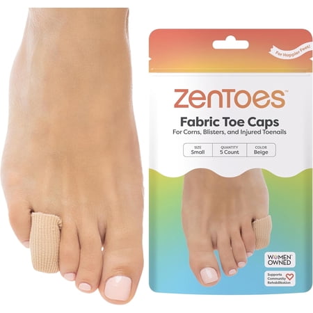 Zentoes Toe Fabric Sleeves Caps Closed with Gel Lining, Blister Bandages for Toes, 5 Pack, Beige